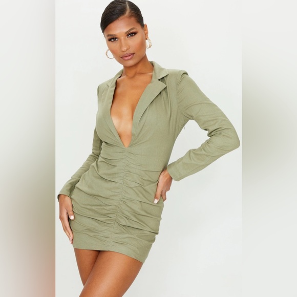 NWT PrettyLittleThing Khaki Plunge Ruched Front Blazer Dress - Picture 2 of 13
